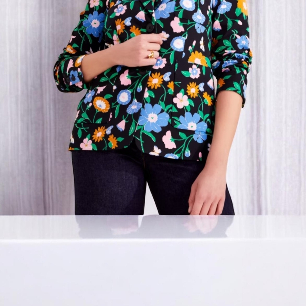 Black Floral Button-Up Blazer with Blue & Yellow Flowers